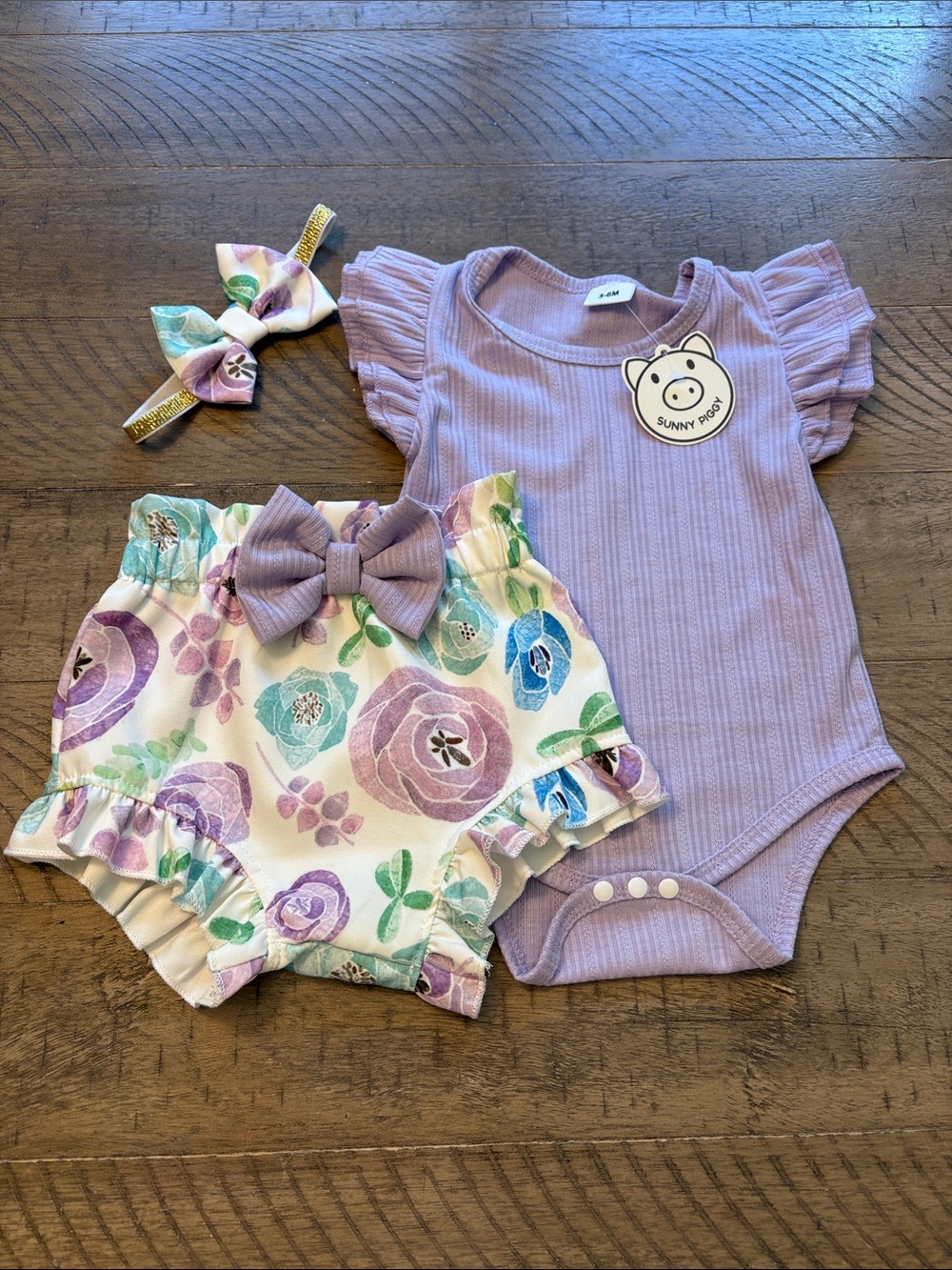 Lavender Ribbed Sleeve Onesie with Floral Bow Bloomers & Headband